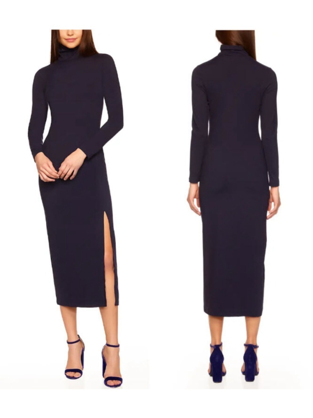 Women's Susana Monaco Navy Long Sleeve Turtleneck Midi Dress with Slit XS